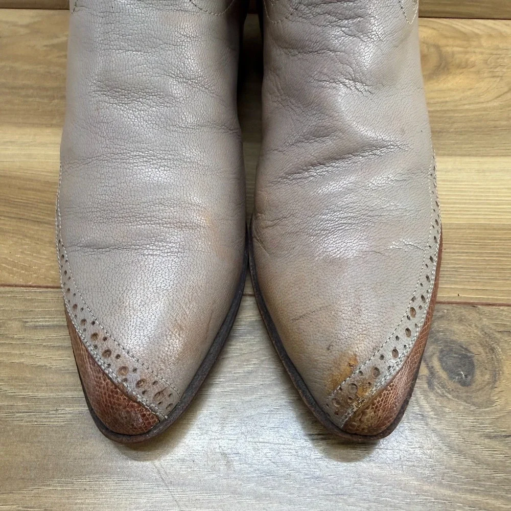 HONDO BOOTS Vintage Boots Womens 6.5 B Grey Greige Toe Overlay Rand Lizard